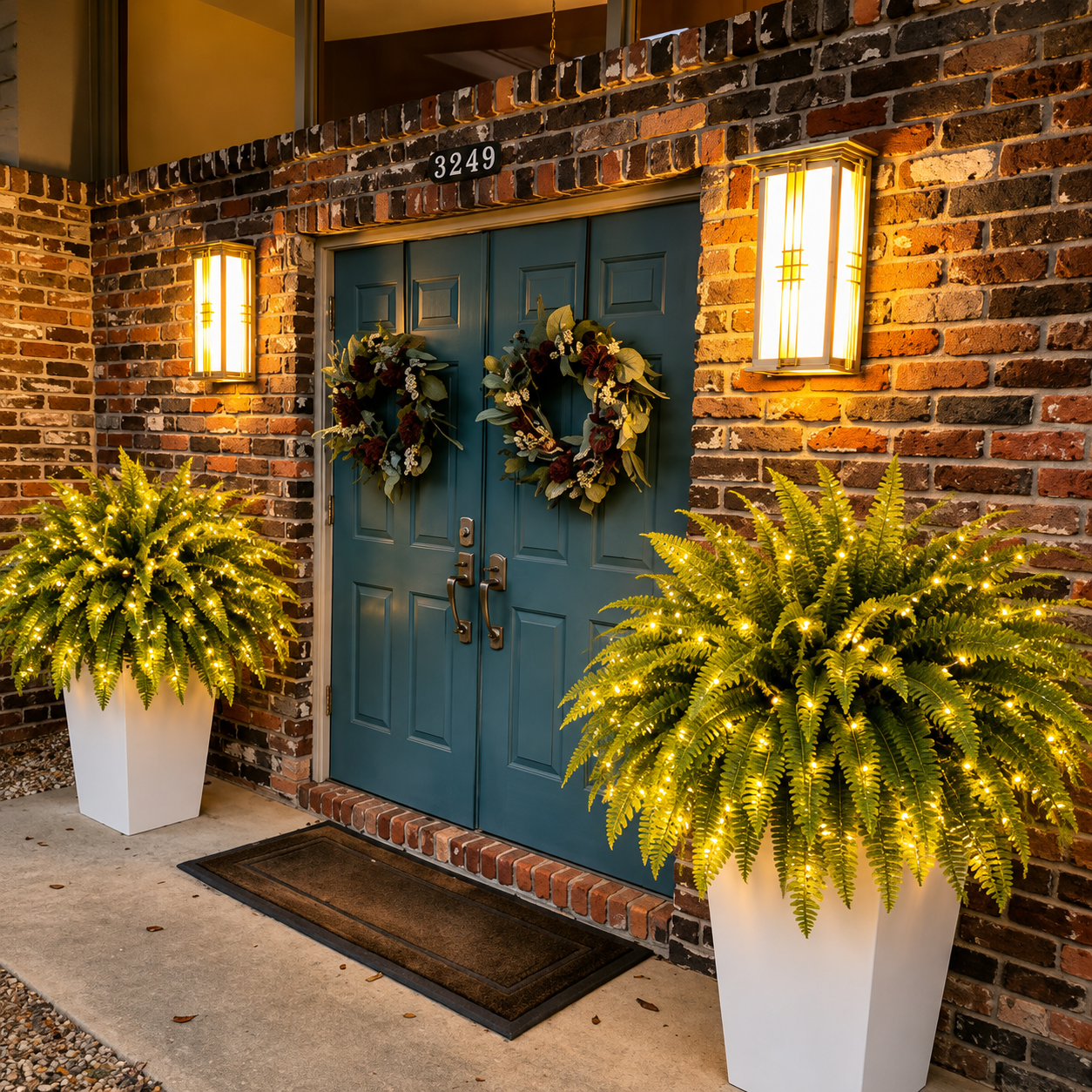 Two glowing Boston ferns beside front door