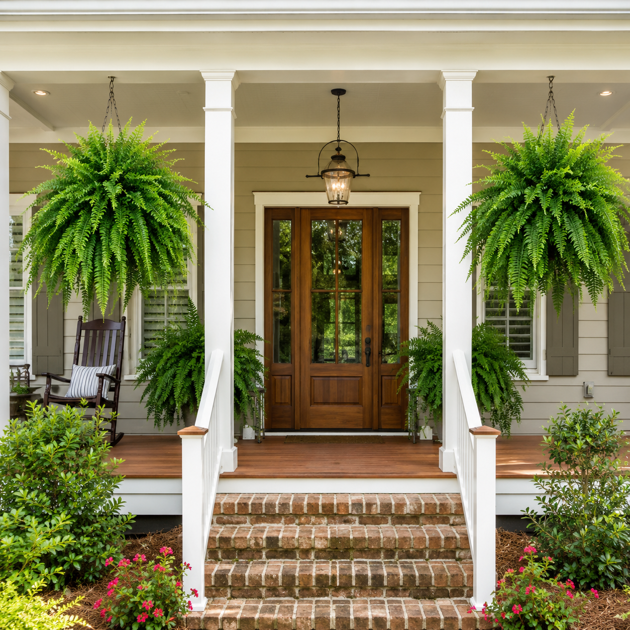 Glowing Boston fern on porch at night