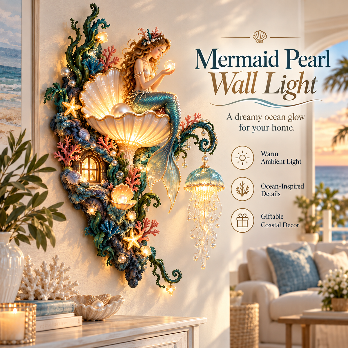 ✨ Mermaid Pearl Glow Wall Light – Ocean-Inspired Coastal Decor 🧜‍♀️🐚