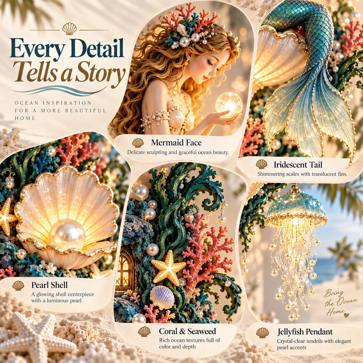 Mermaid pearl wall decor displayed in different coastal rooms