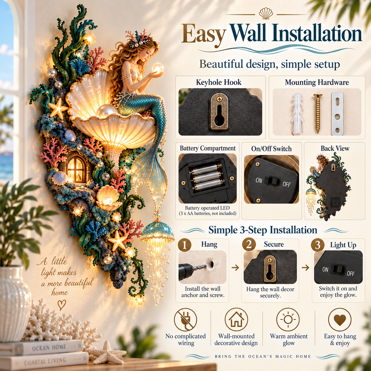 Mermaid wall light during the day and illuminated at night