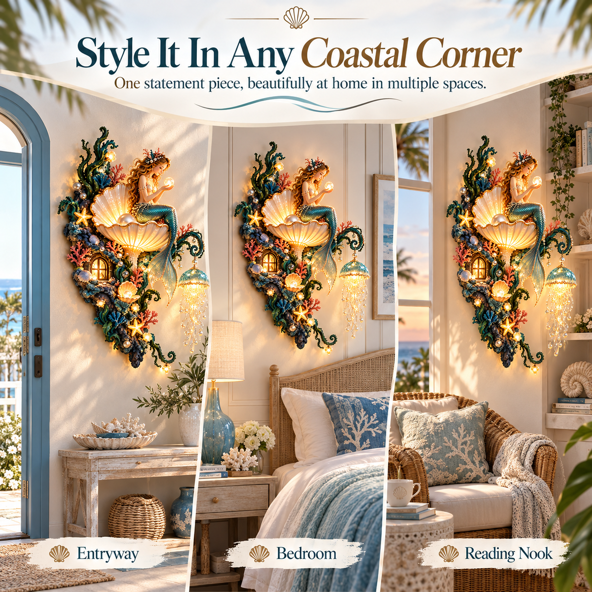 Detailed craftsmanship of mermaid pearl wall decoration