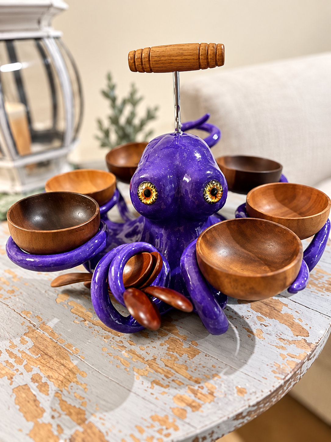 Purple octopus server with wood style bowls