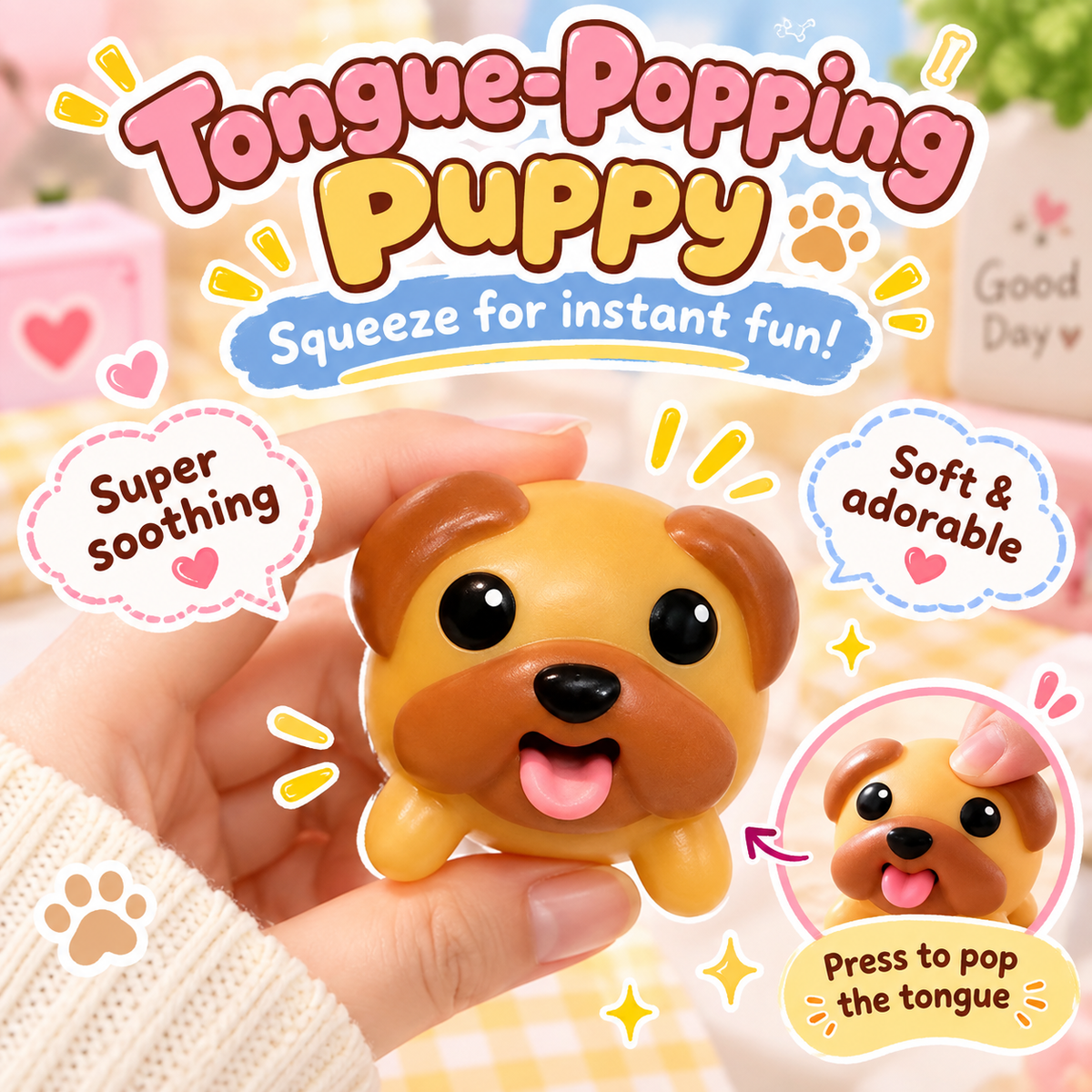 Palm-size tongue-popping puppy desk toy