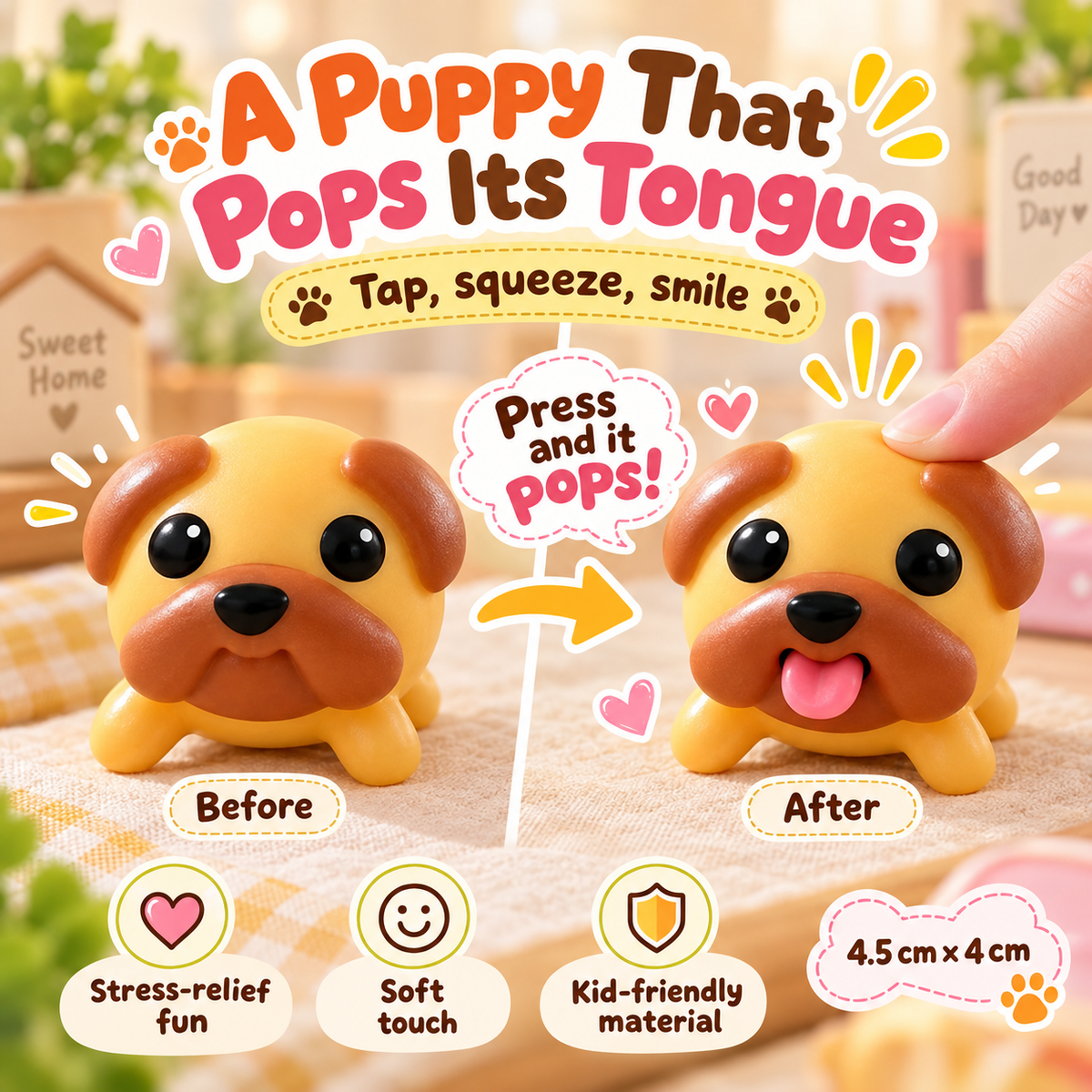 Cute tongue-popping puppy gift on a cozy blanket