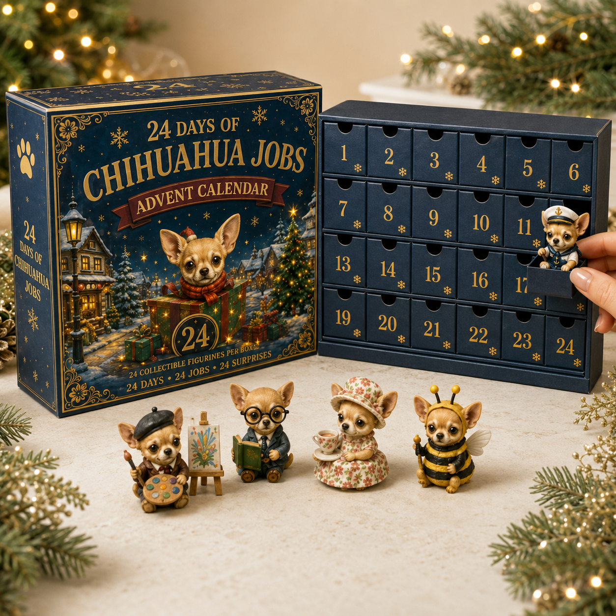 Numbered Chihuahua advent calendar drawers being opened