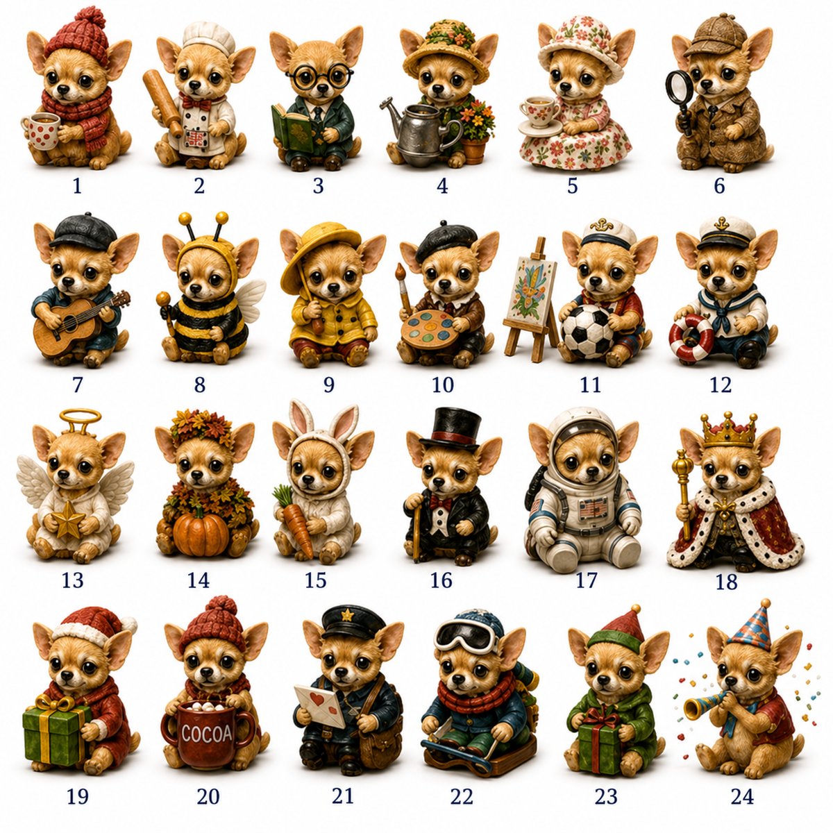 Complete numbered lineup of 24 Chihuahua job miniatures