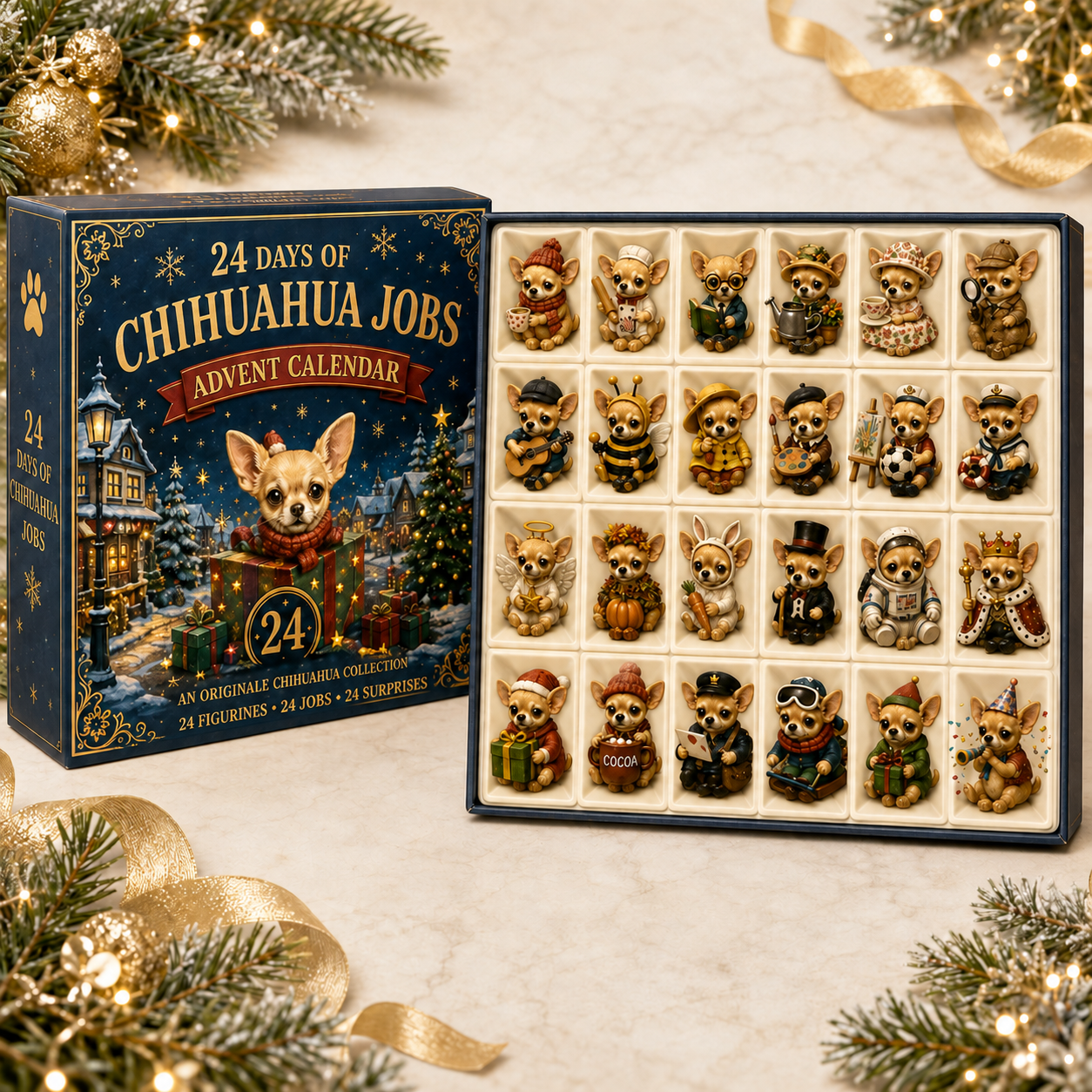 Open Chihuahua Jobs Advent Calendar with 24 individual miniatures