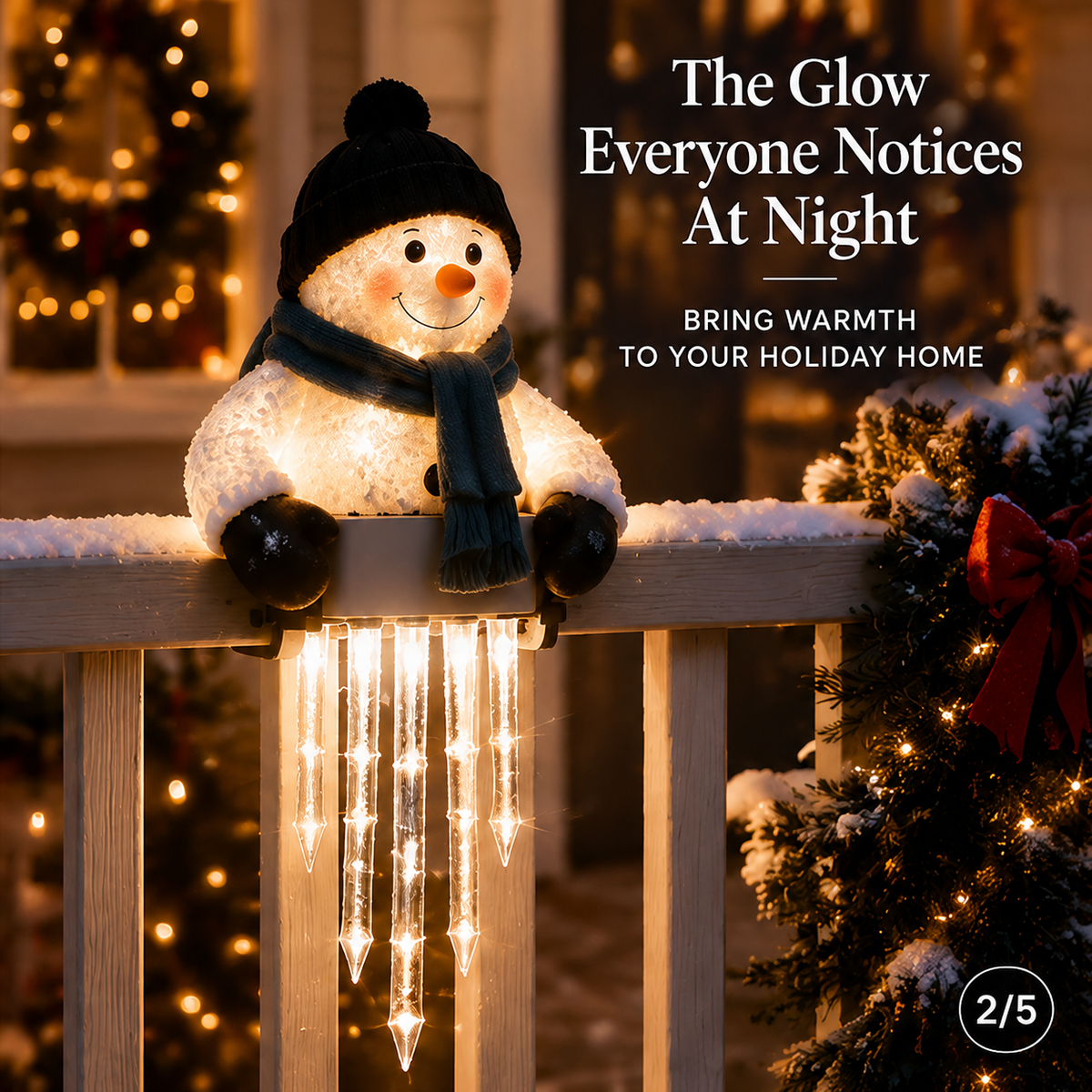 Glowing snowman and icicle Christmas light at night