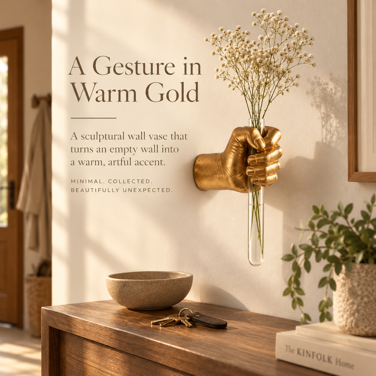 Golden sculptural hand wall vase in warm entryway