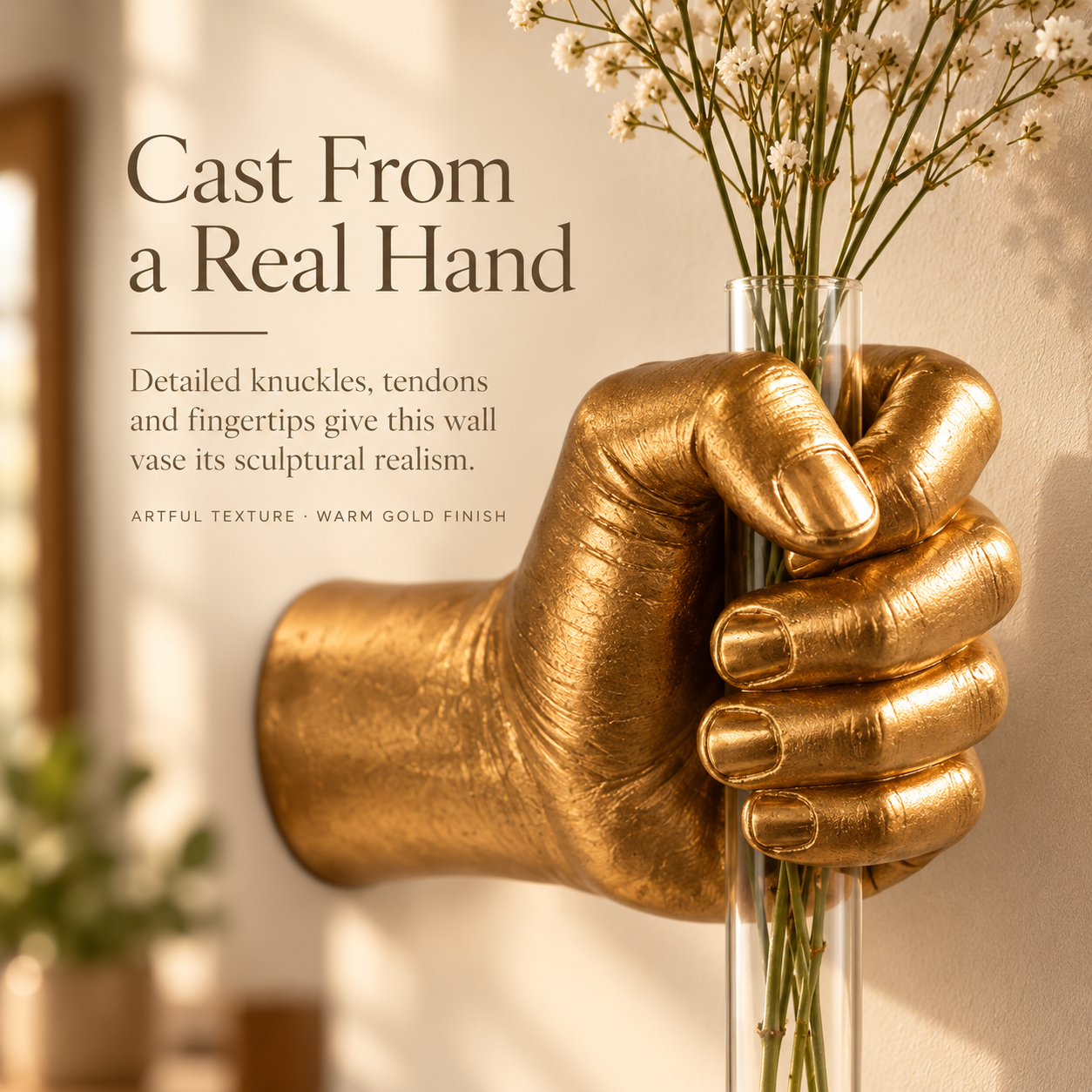 Golden hand wall vase sculptural details