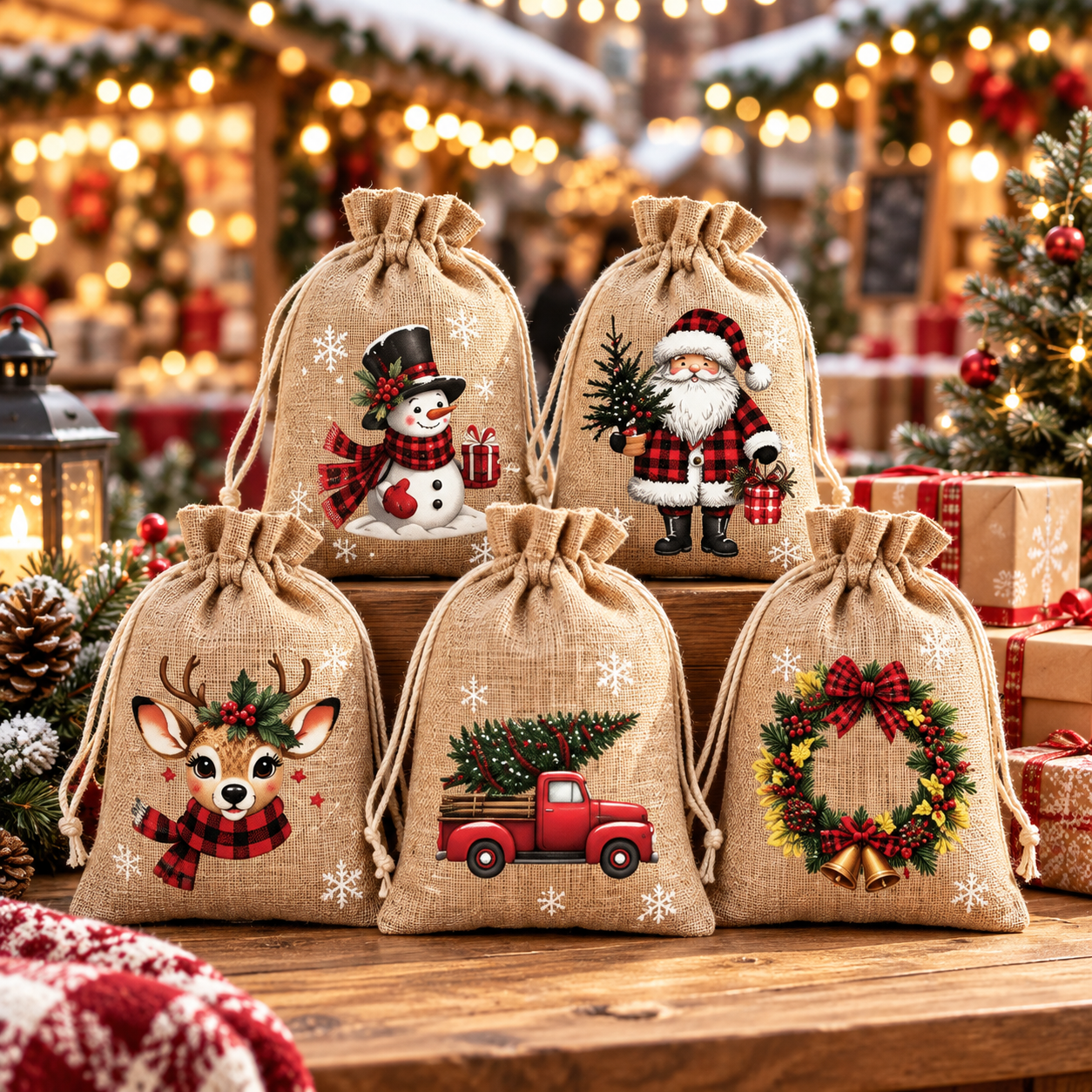 🎅🎄 Christmas Drawstring Gift Bags – Festive Santa & Reindeer Prints, Double Drawstring Closure & Durable Fabric