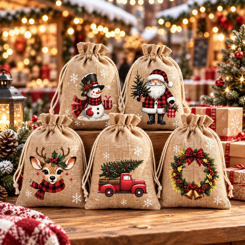 🎅🎄 Christmas Drawstring Gift Bags – Festive Santa & Reindeer Prints, Double Drawstring Closure & Durable Fabric