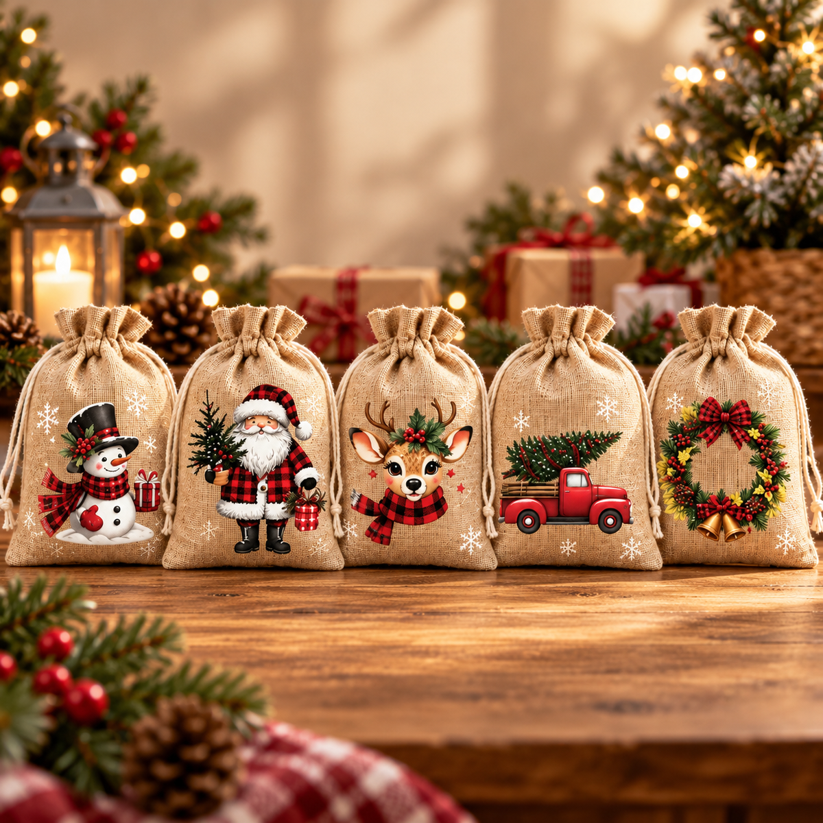 🎅🎄 Christmas Drawstring Gift Bags – Festive Santa & Reindeer Prints, Double Drawstring Closure & Durable Fabric