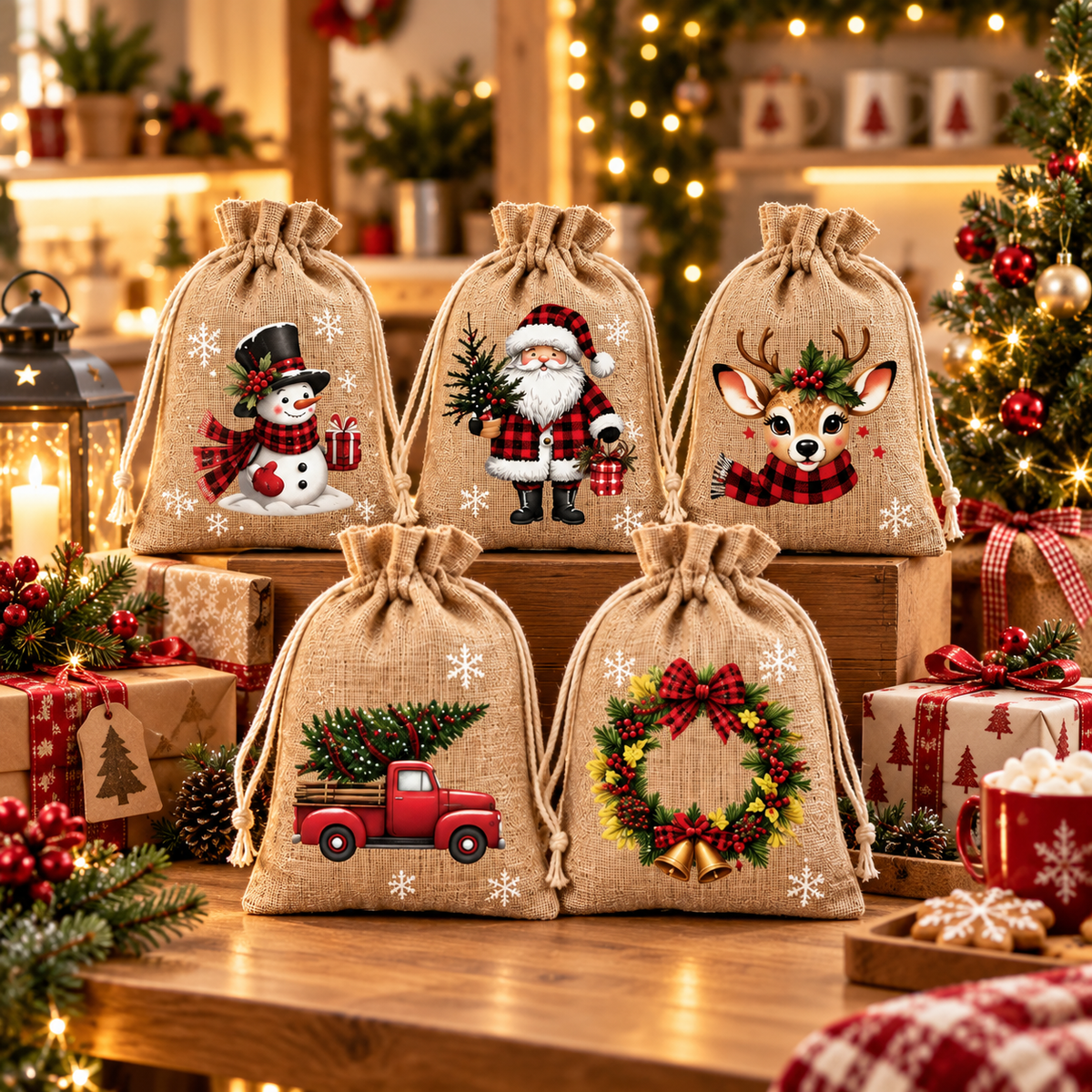 🎅🎄 Christmas Drawstring Gift Bags – Festive Santa & Reindeer Prints, Double Drawstring Closure & Durable Fabric