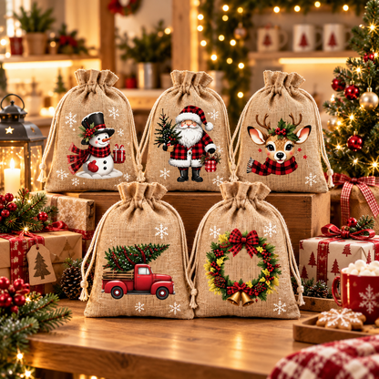 🎅🎄 Christmas Drawstring Gift Bags – Festive Santa & Reindeer Prints, Double Drawstring Closure & Durable Fabric