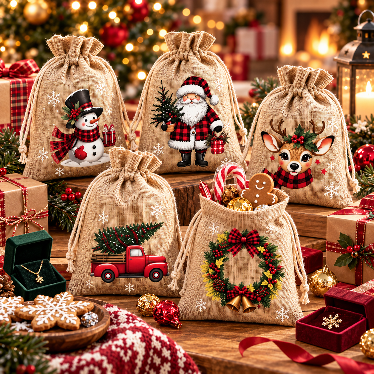 Christmas drawstring bags used for small gifts and treats