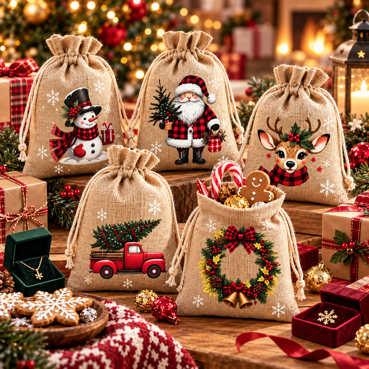 🎅🎄 Christmas Drawstring Gift Bags – Festive Santa & Reindeer Prints, Double Drawstring Closure & Durable Fabric