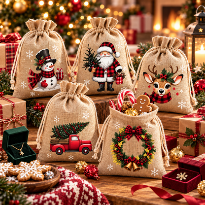 🎅🎄 Christmas Drawstring Gift Bags – Festive Santa & Reindeer Prints, Double Drawstring Closure & Durable Fabric