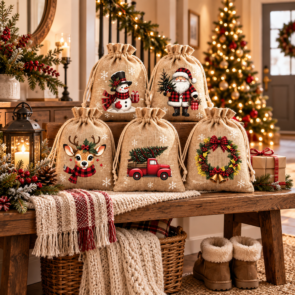 🎅🎄 Christmas Drawstring Gift Bags – Festive Santa & Reindeer Prints, Double Drawstring Closure & Durable Fabric