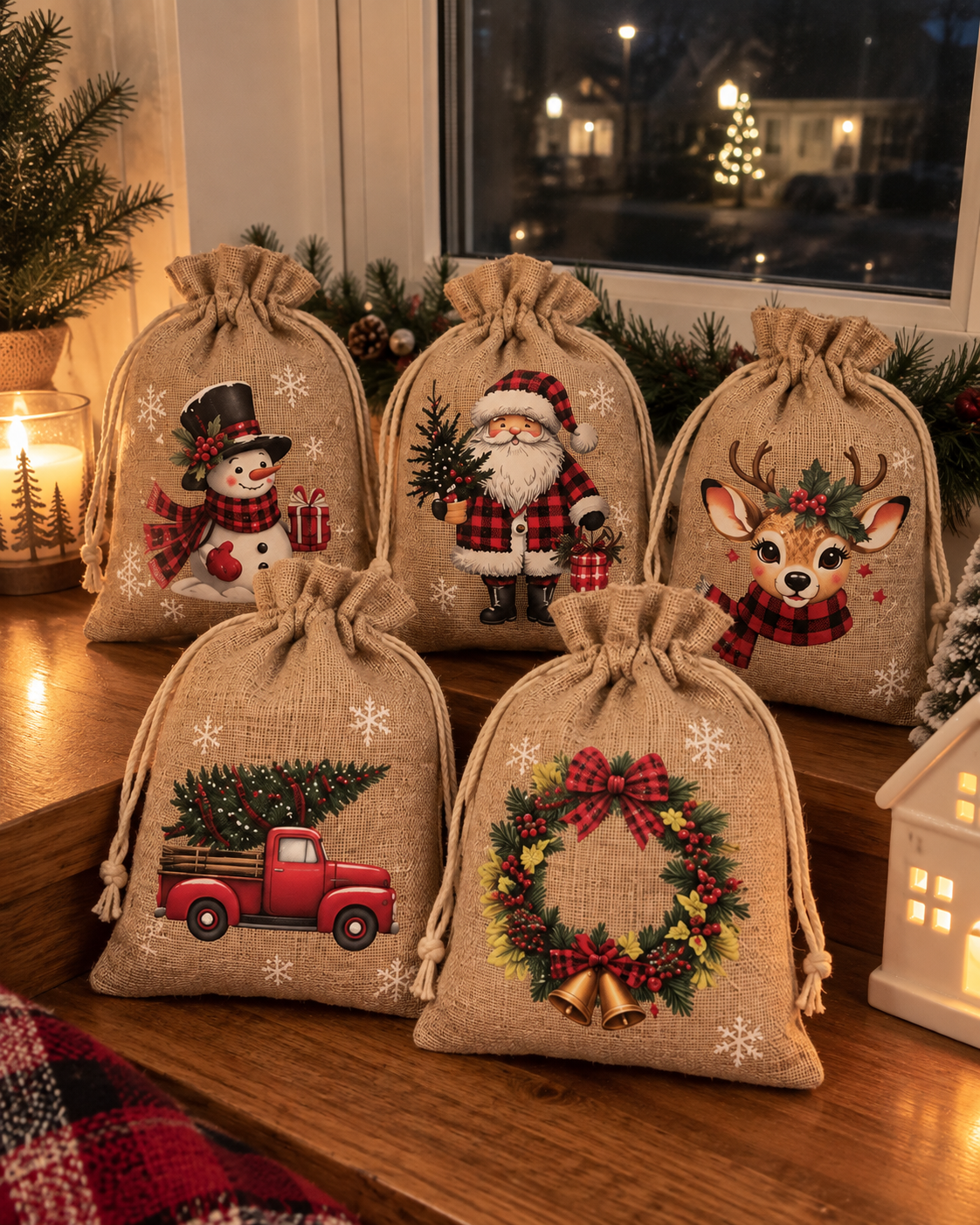 🎅🎄 Christmas Drawstring Gift Bags – Festive Santa & Reindeer Prints, Double Drawstring Closure & Durable Fabric