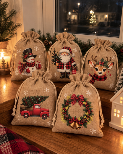 🎅🎄 Christmas Drawstring Gift Bags – Festive Santa & Reindeer Prints, Double Drawstring Closure & Durable Fabric