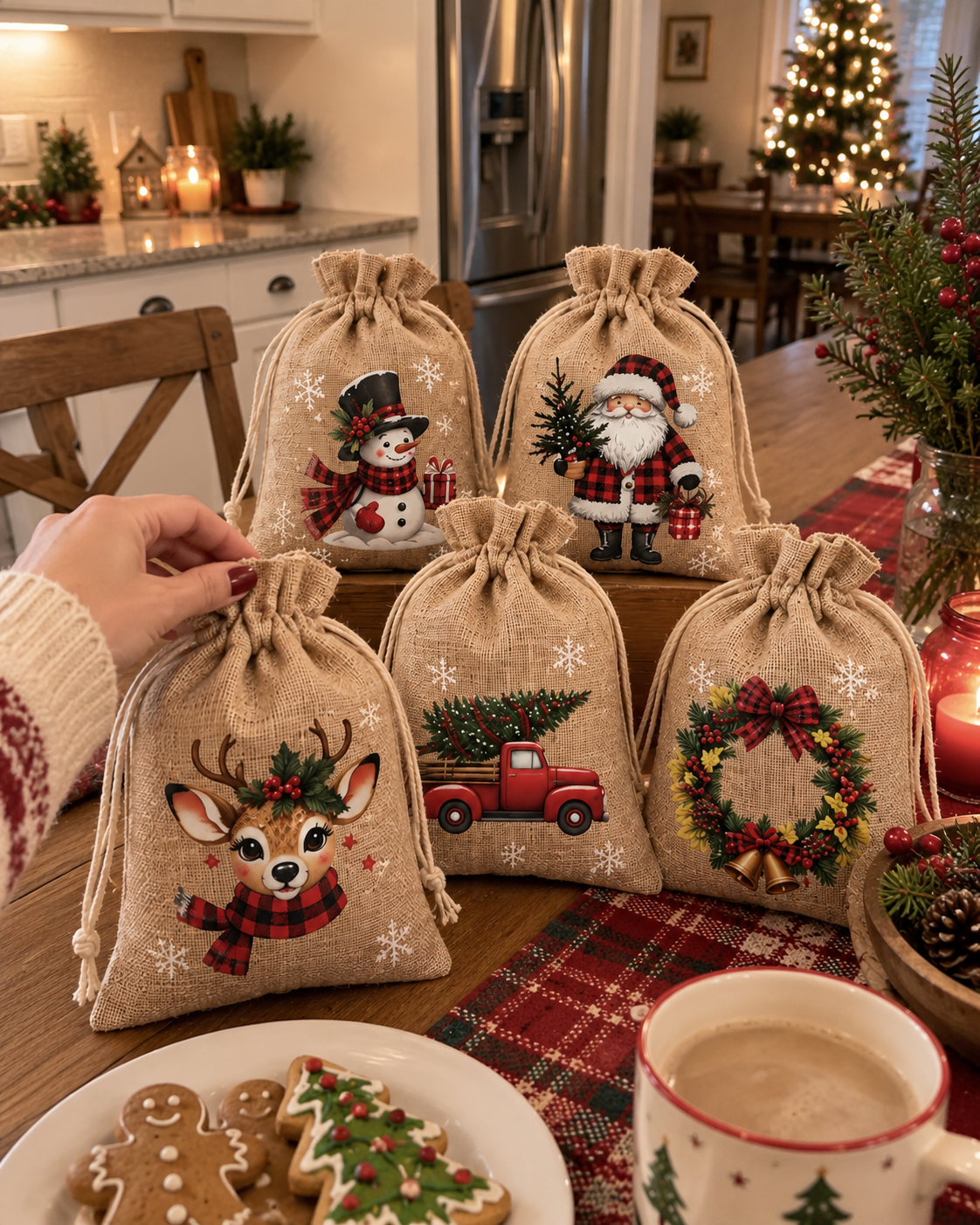 Christmas drawstring gift bag being handled