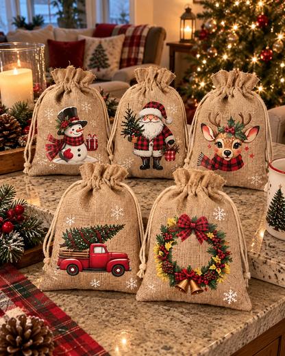 🎅🎄 Christmas Drawstring Gift Bags – Festive Santa & Reindeer Prints, Double Drawstring Closure & Durable Fabric