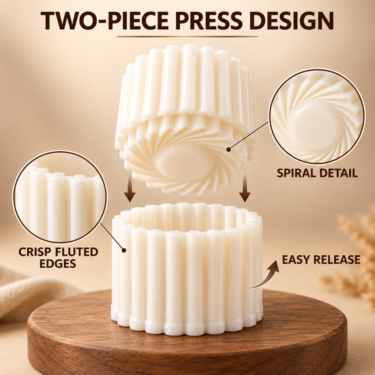 Fluted cookie cups with assorted fillings beside the pastry mold