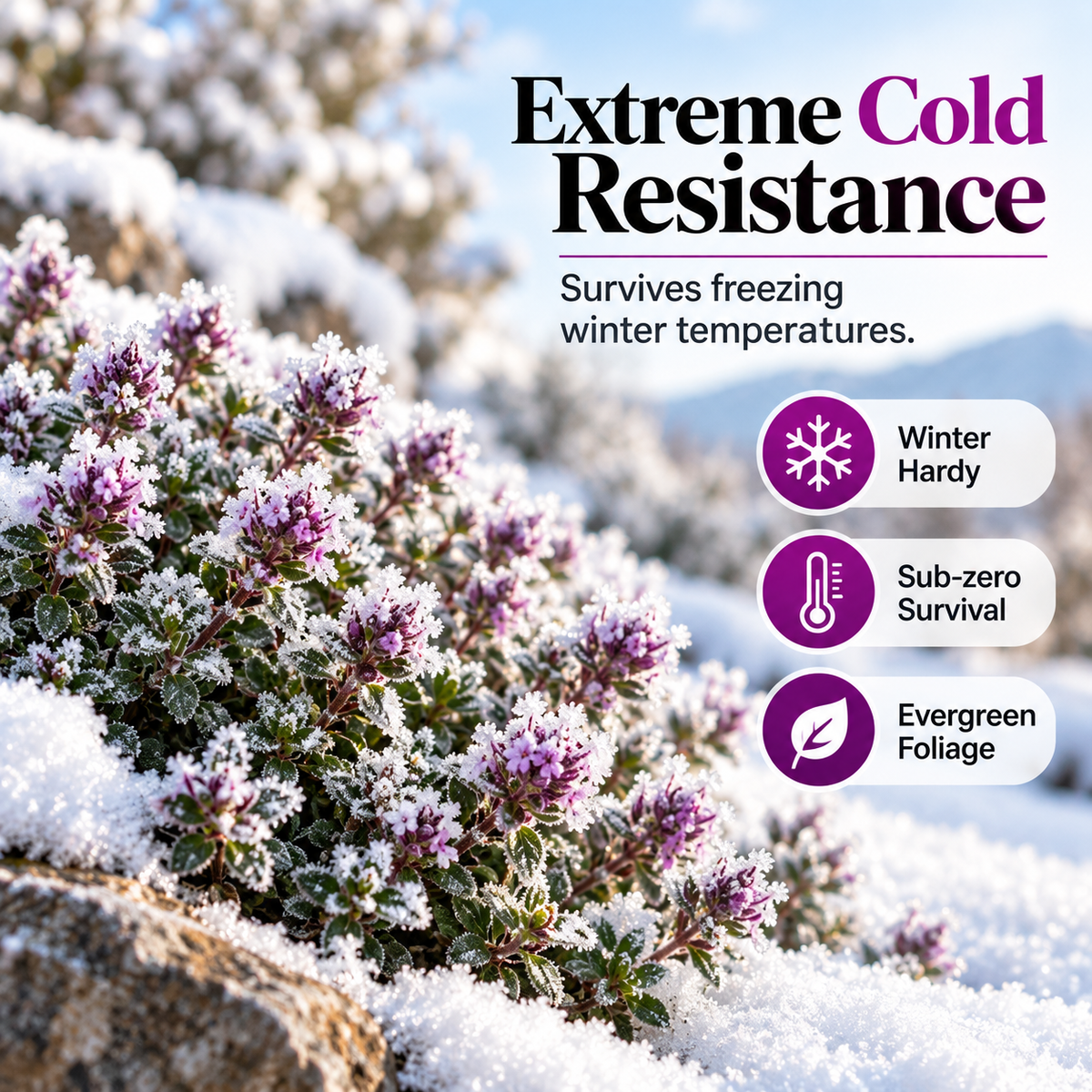 Creeping thyme in cold winter conditions