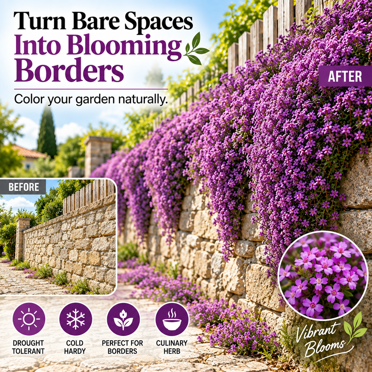 Stone wall before and after creeping thyme growth