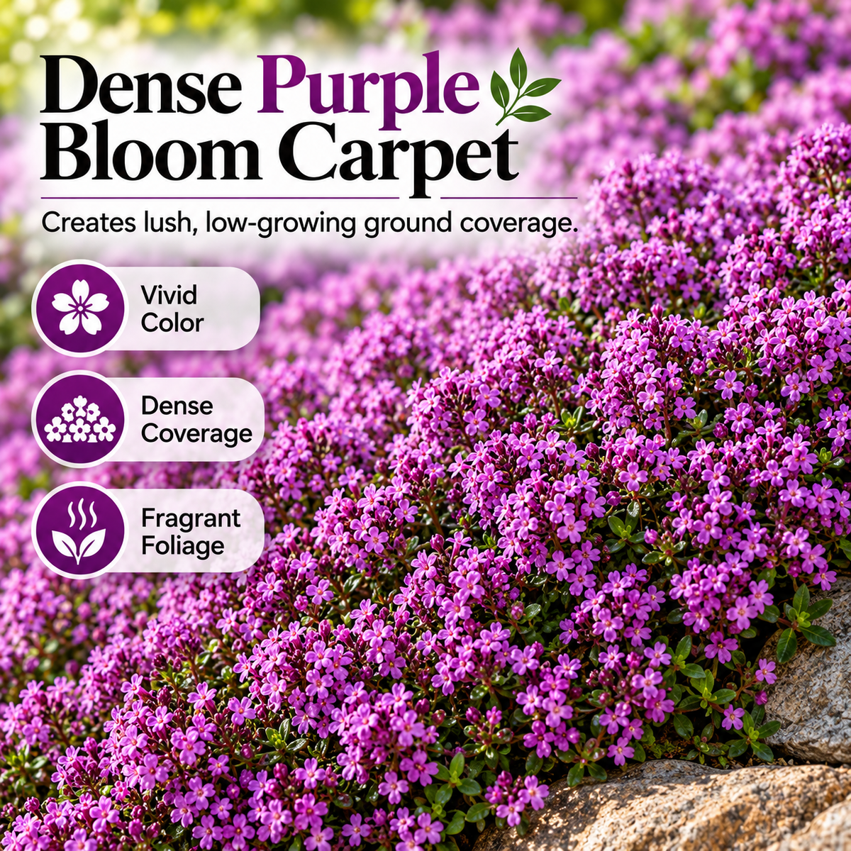 Dense purple creeping thyme bloom carpet