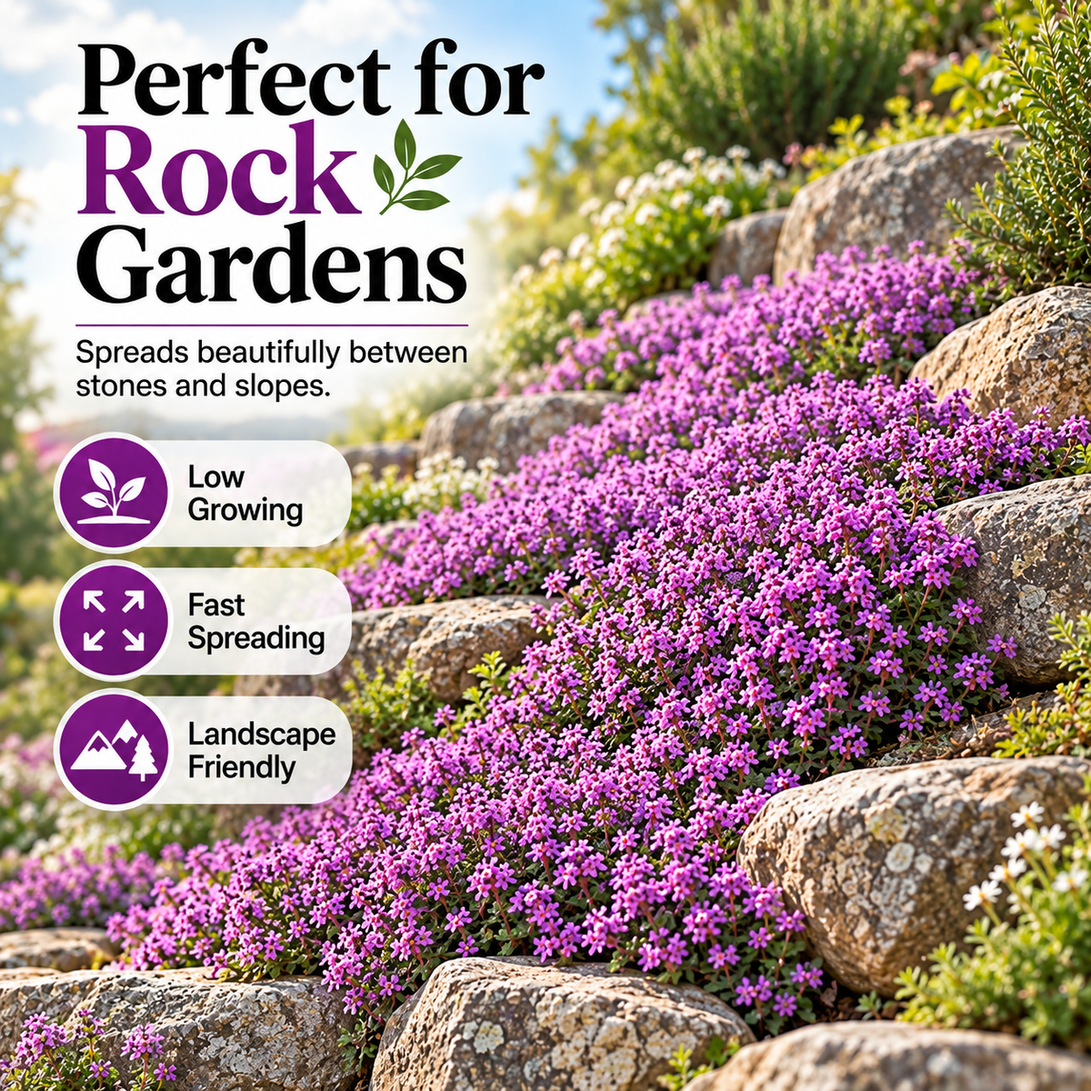 Purple creeping thyme growing in a rock garden