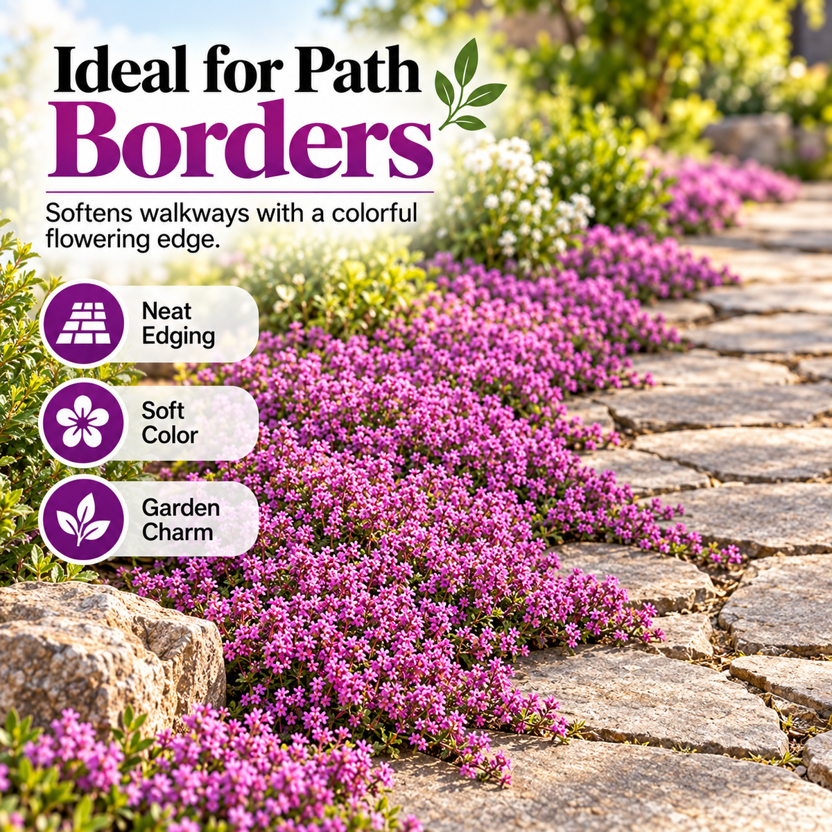 Creeping thyme growing beside a stone pathway