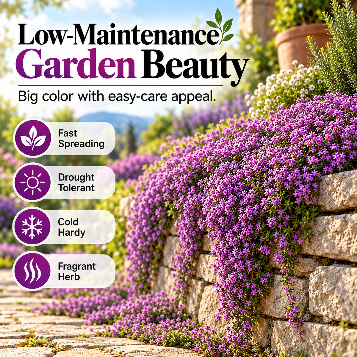 Low-maintenance creeping thyme garden