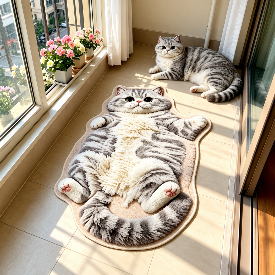 Chubby tabby cat rug in a sunny corner
