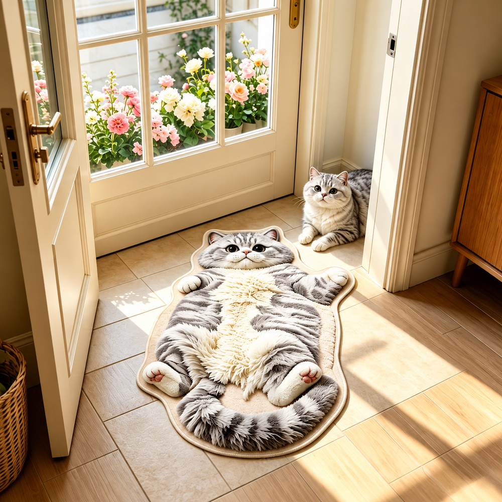 Cat rug in a bright home entryway