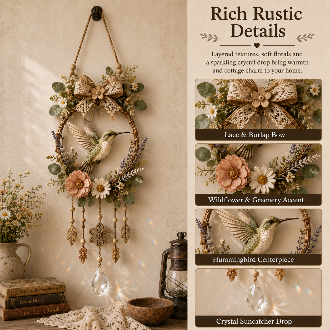 🌿✨Hummingbird Wildflower Suncatcher Wall Hanger