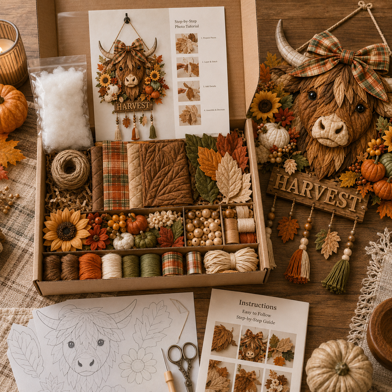 🍂🐮🧵Highland Cow Harvest Quilted Door Hanger DIY Kit