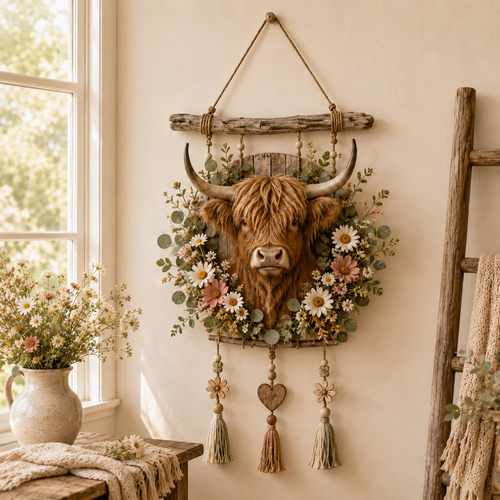 🌼🐮Highland Cow Wildflower Farmhouse Wall Hanger