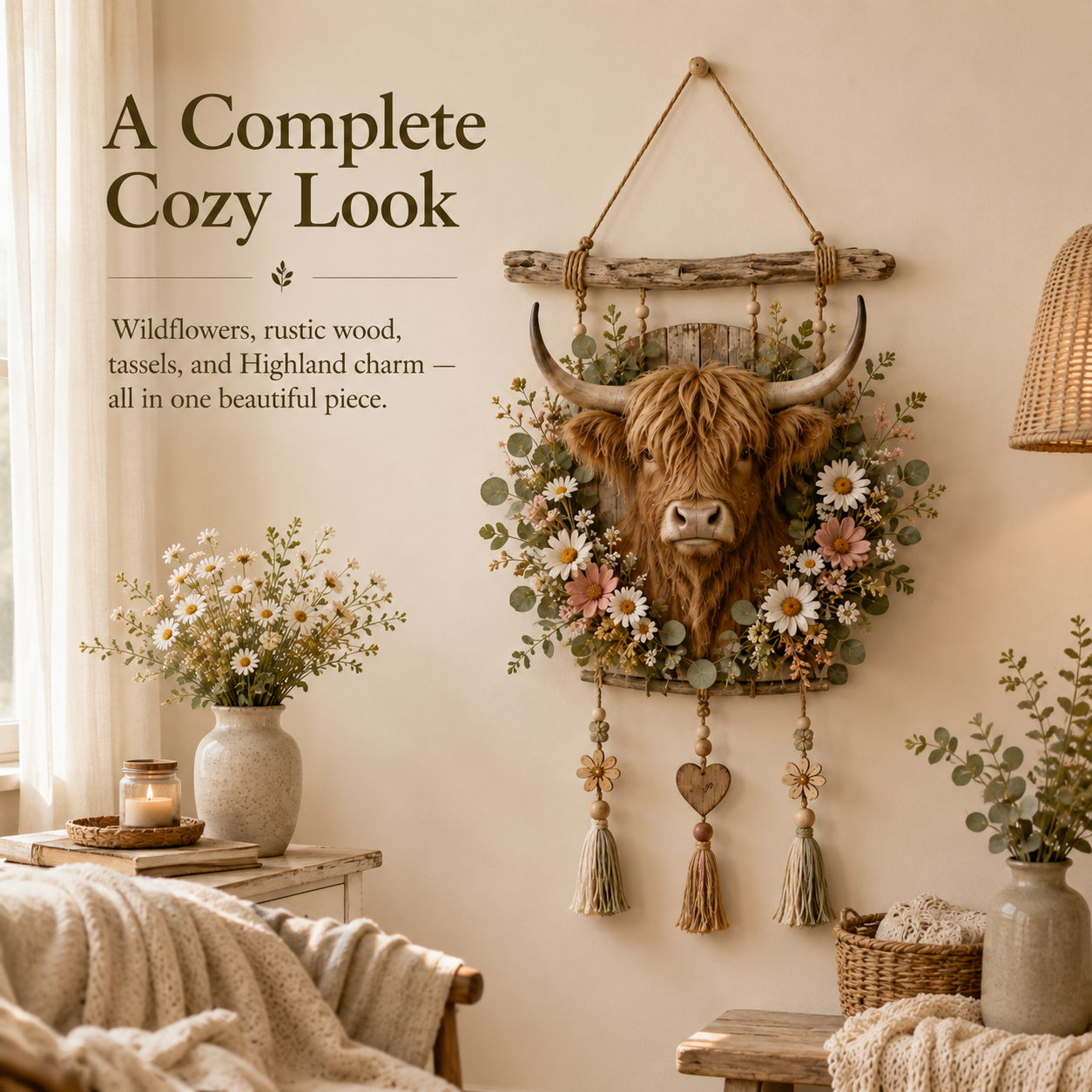 🌼🐮Highland Cow Wildflower Farmhouse Wall Hanger