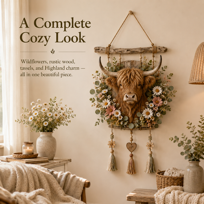 🌼🐮Highland Cow Wildflower Farmhouse Wall Hanger