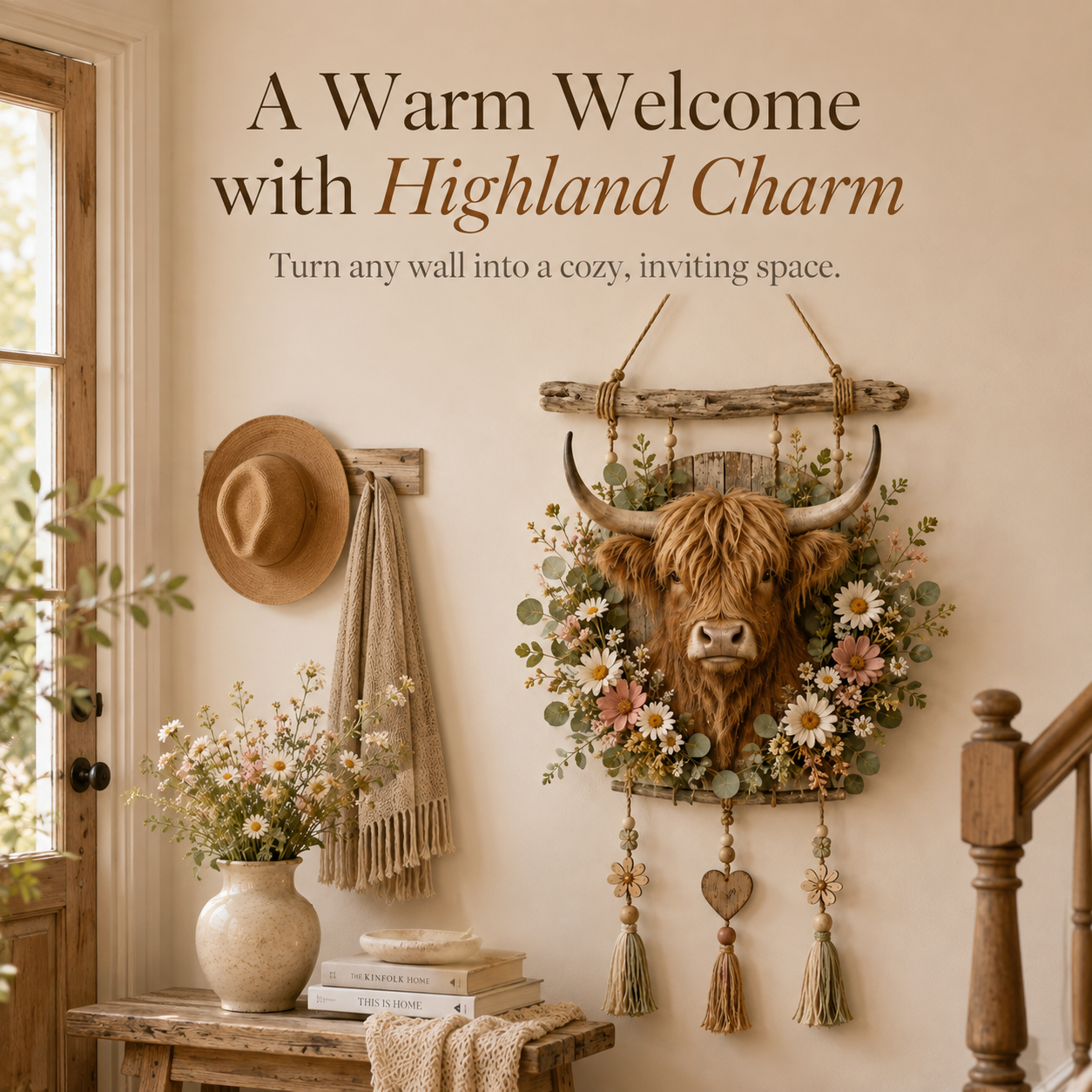🌼🐮Highland Cow Wildflower Farmhouse Wall Hanger