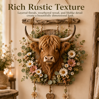 🌼🐮Highland Cow Wildflower Farmhouse Wall Hanger