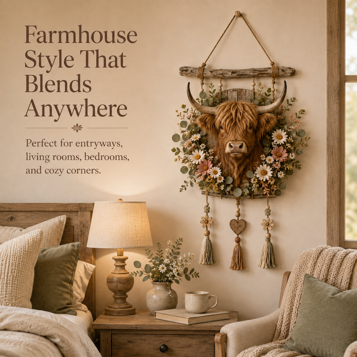 🌼🐮Highland Cow Wildflower Farmhouse Wall Hanger