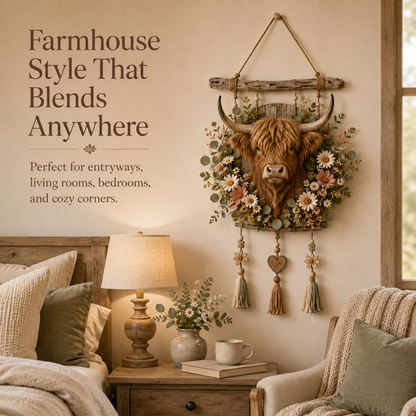 🌼🐮Highland Cow Wildflower Farmhouse Wall Hanger