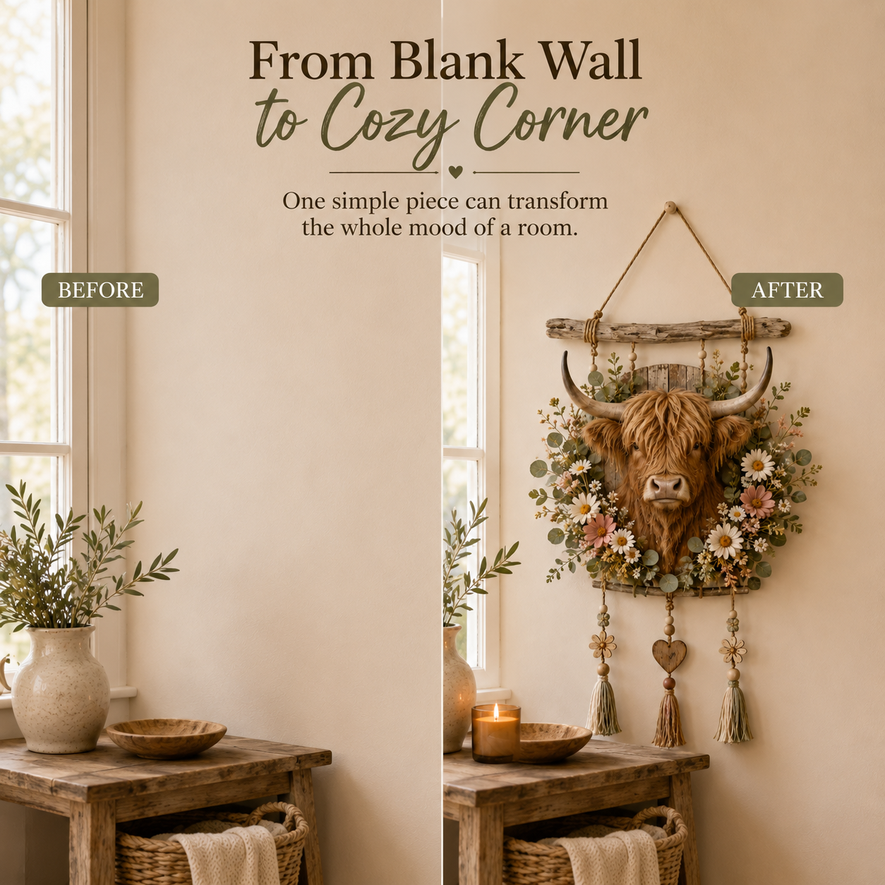 🌼🐮Highland Cow Wildflower Farmhouse Wall Hanger