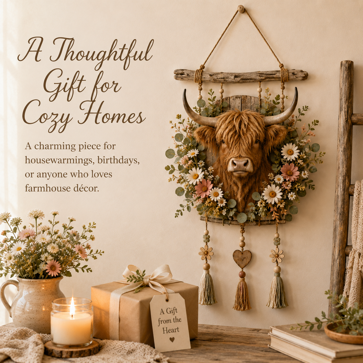 🌼🐮Highland Cow Wildflower Farmhouse Wall Hanger