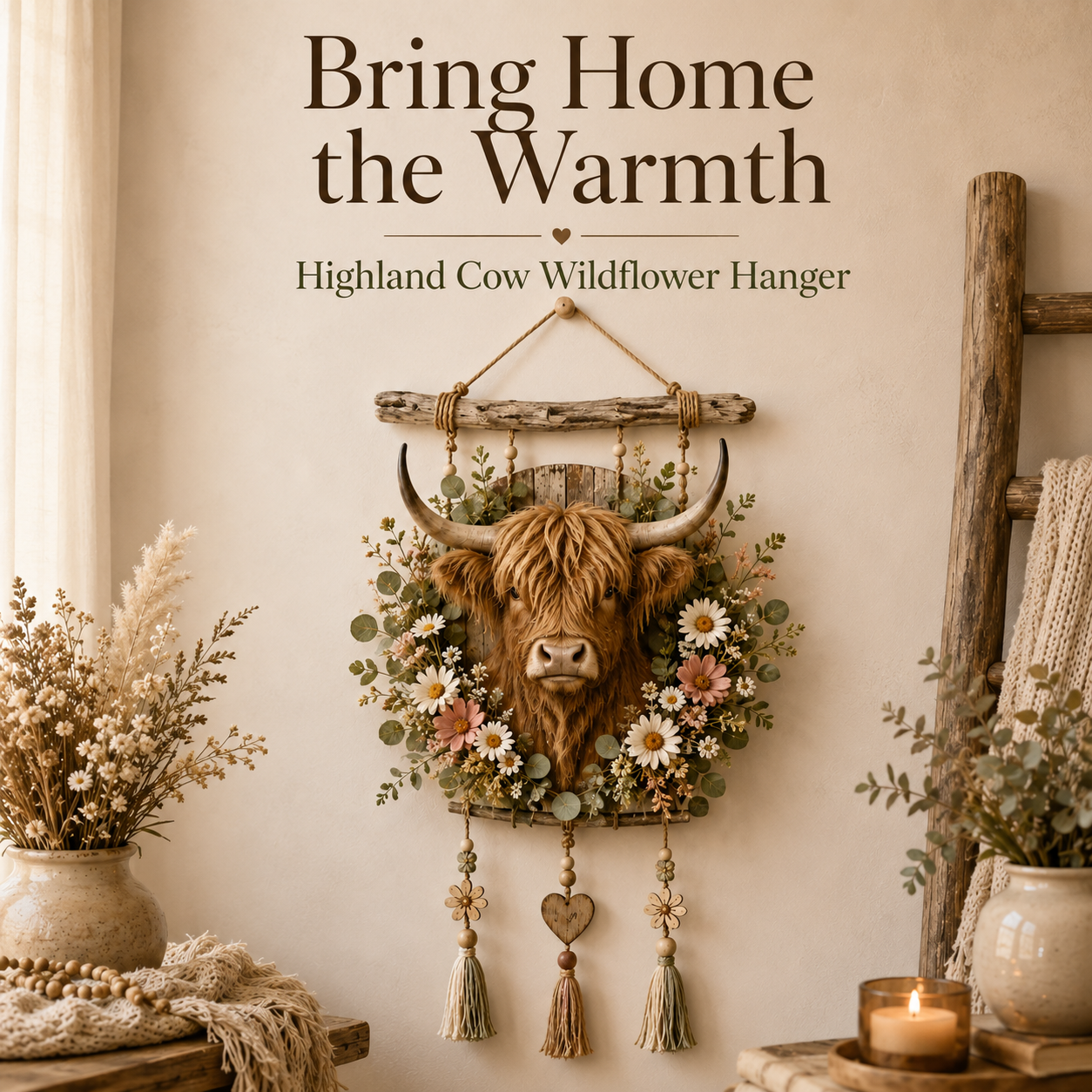 🌼🐮Highland Cow Wildflower Farmhouse Wall Hanger