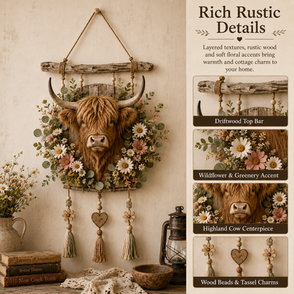 🌼🐮Highland Cow Wildflower Farmhouse Wall Hanger
